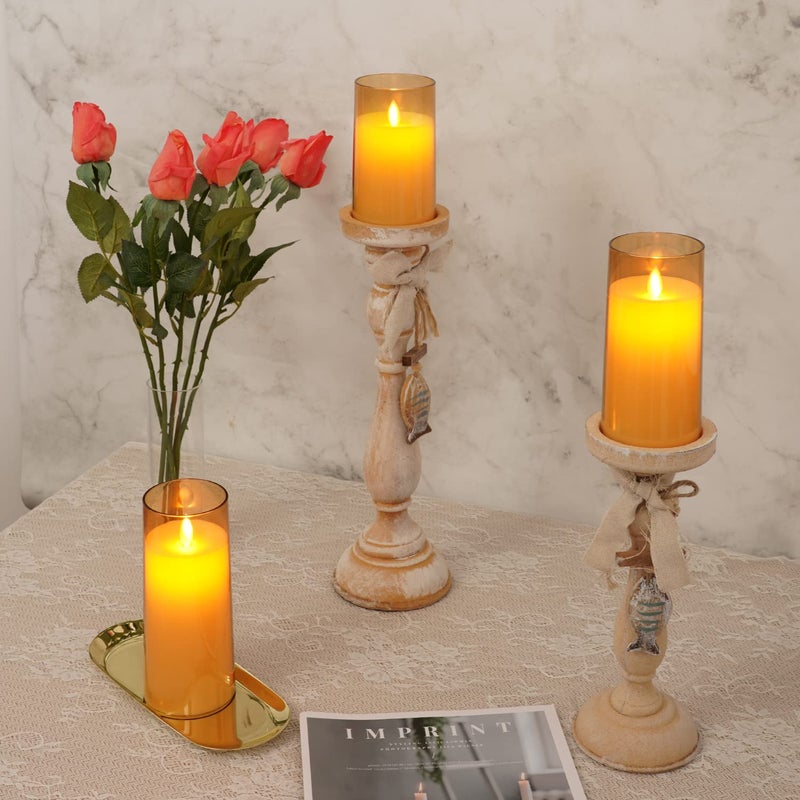 5plots Gold Flickering Flameless Candles, Unbreakable Glass Battery Operated Plexiglass LED Pillar Radiance Candles with Remote Control and Timer - Image 4