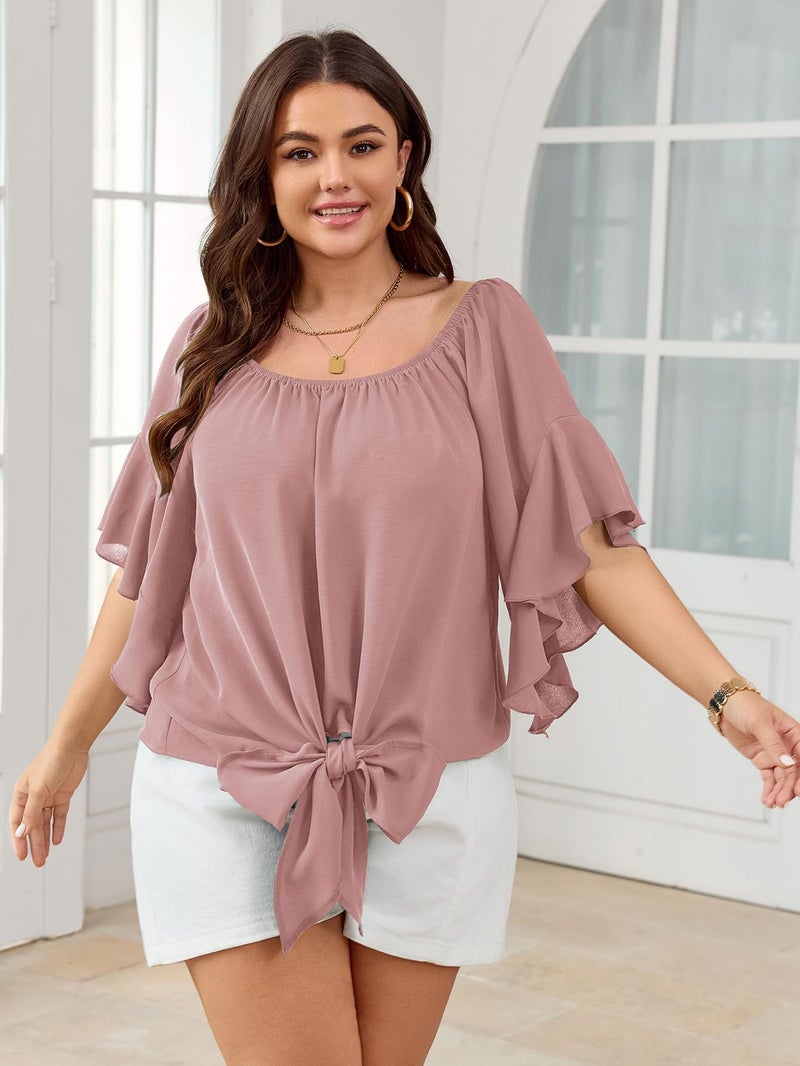 SHESTARR Womens Plus Size Off The Shoulder Blouse Tops Half Sleeves Tie Front Sexy Flowy Top Pink - Image 4