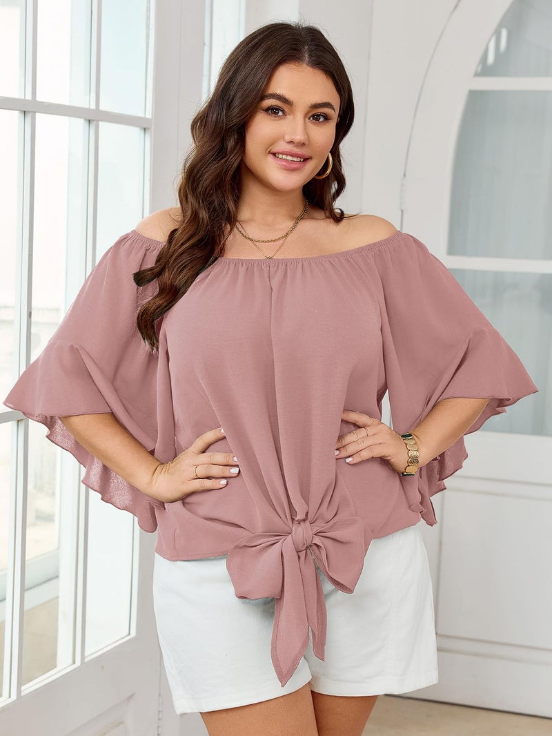 SHESTARR Womens Plus Size Off The Shoulder Blouse Tops Half Sleeves Tie Front Sexy Flowy Top Pink - Image 3