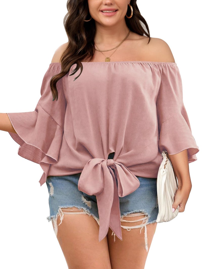 SHESTARR Womens Plus Size Off The Shoulder Blouse Tops Half Sleeves Tie Front Sexy Flowy Top Pink - Image 1