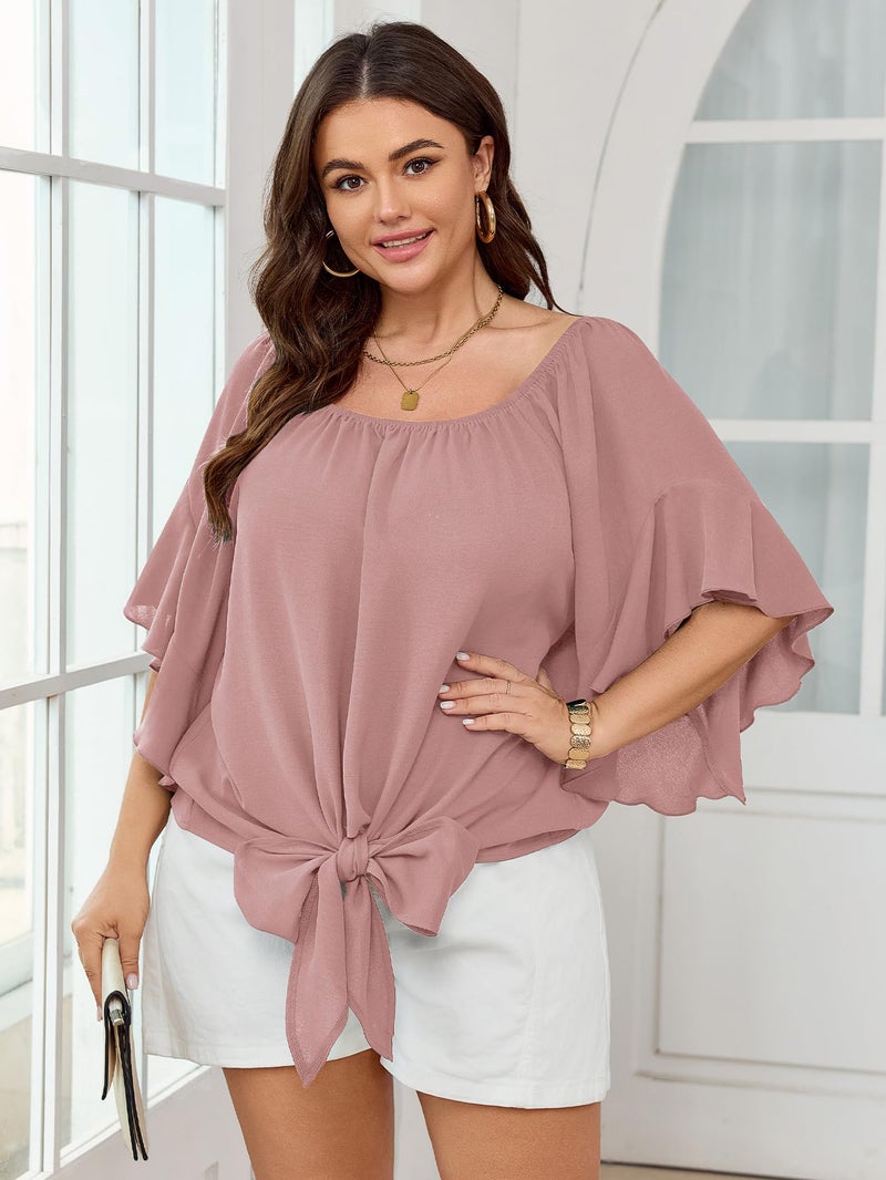 SHESTARR Womens Plus Size Off The Shoulder Blouse Tops Half Sleeves Tie Front Sexy Flowy Top Pink - Image 5