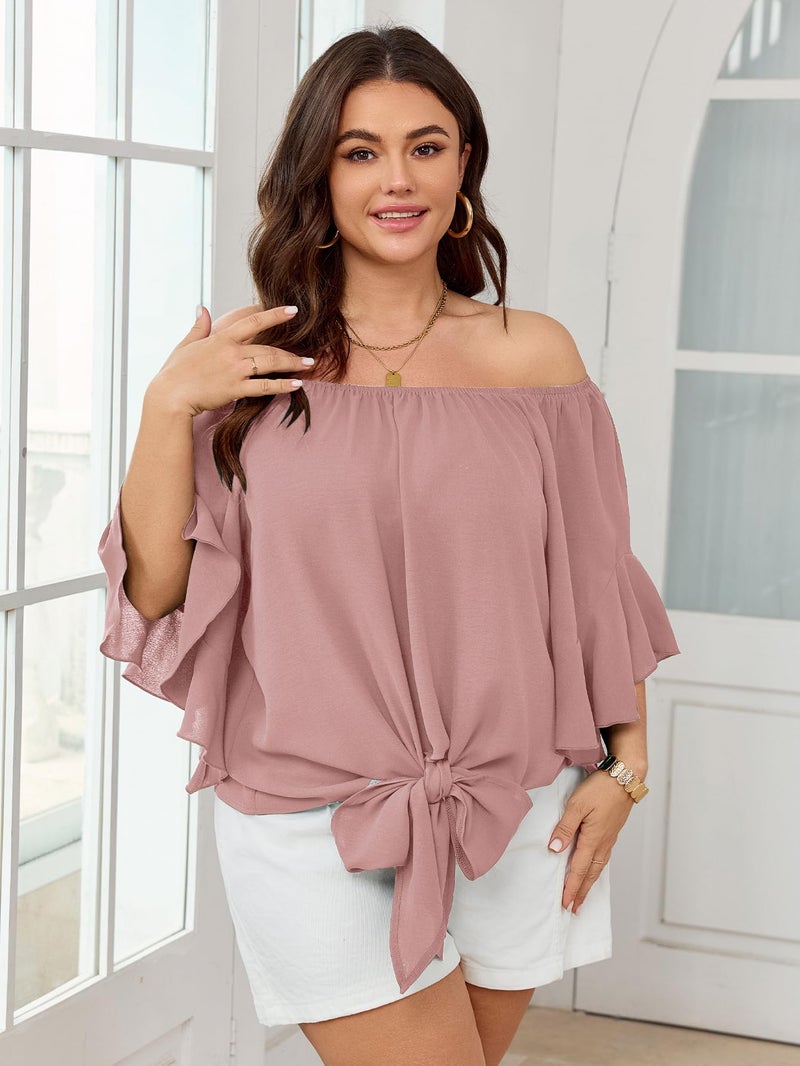 SHESTARR Womens Plus Size Off The Shoulder Blouse Tops Half Sleeves Tie Front Sexy Flowy Top Pink - Image 2