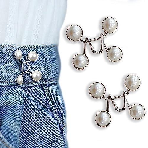 Buransh 2 Pcs Adjustable Button Pins - Detachable Jean Buttons, No Sewing Required - Perfect Fit Instant Buttons (2, White Pearl) - Image 1
