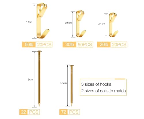 Romeda 184 Pieces Picture Hanging Kit, 20lb, 30lb, and 50lb Picture Hangers, Metal Picture Hanging Hooks with Nails, on Drywall, Wooden Wall(Gold) - Image 2