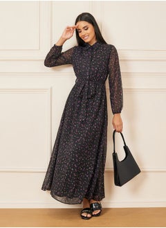 Ditsy AOP Self Tie Up Shirt Maxi Dress