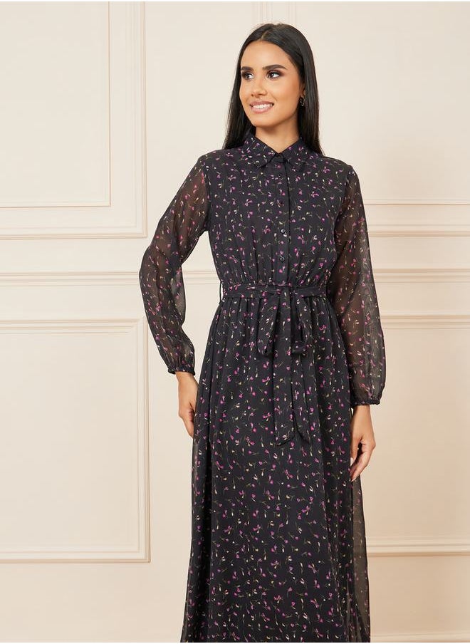 Styli - Ditsy AOP Self Tie Up Shirt Maxi Dress - Image 1