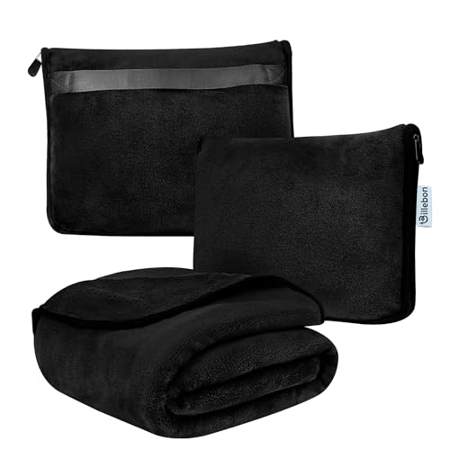 Billebon Travel Blanket Airplane Compact Soft Lightweight & Cozy Blanket with Soft Bag Pillowcase Packable Travel Blanket Perfect for Flight Car Bus Train (Black, 6 Ft. X 3 Ft.) - Image 1