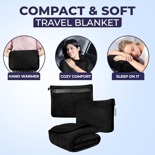Billebon Travel Blanket Airplane Compact Soft Lightweight & Cozy Blanket with Soft Bag Pillowcase Packable Travel Blanket Perfect for Flight Car Bus Train (Black, 6 Ft. X 3 Ft.) - Image 4