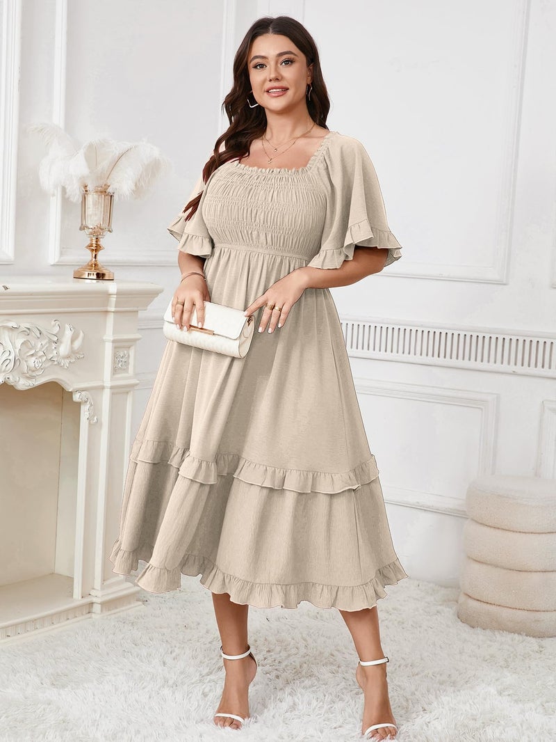 SCOMCHIC Women's Plus Size Maxi Dresses Summer Short Sleeve Square Neck Smocked Wedding Guest Cocktail Boho Long Dress Beige - Image 5