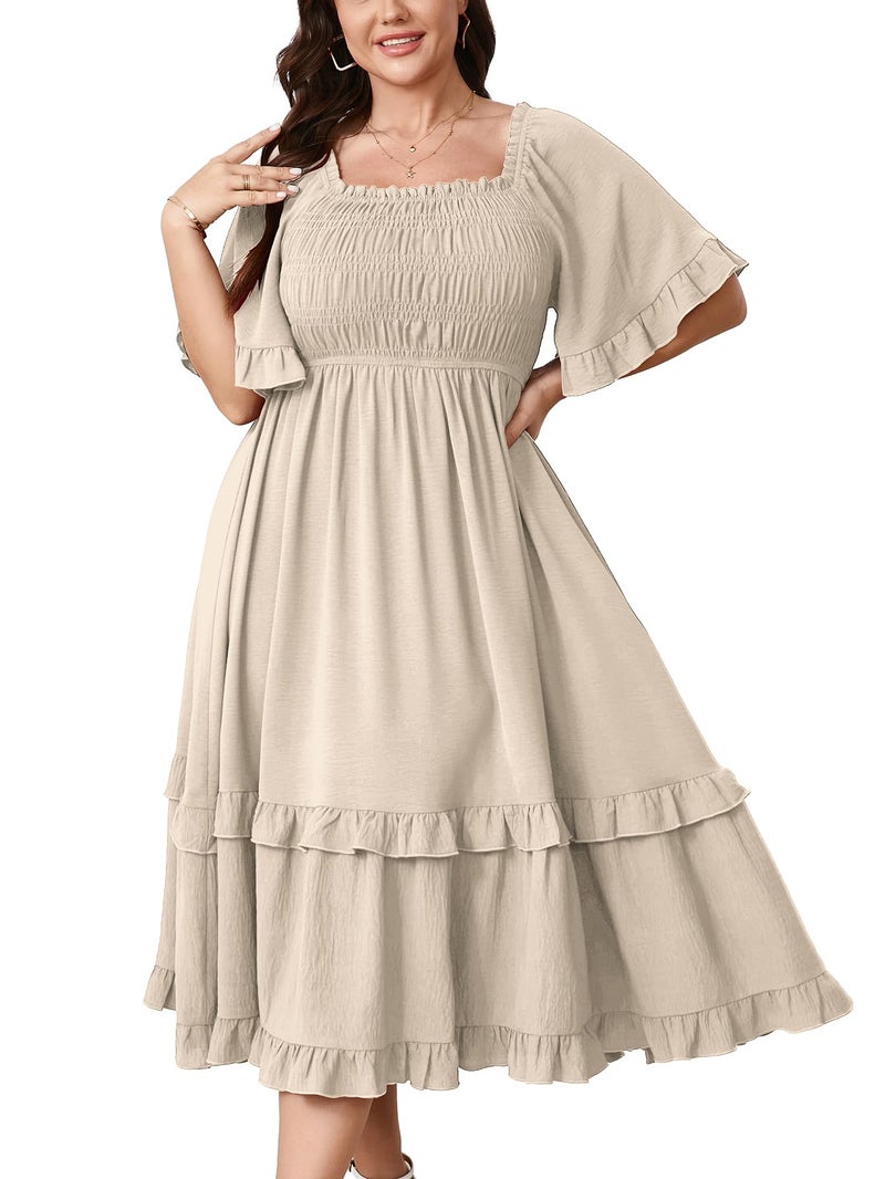 SCOMCHIC Women's Plus Size Maxi Dresses Summer Short Sleeve Square Neck Smocked Wedding Guest Cocktail Boho Long Dress Beige - Image 1
