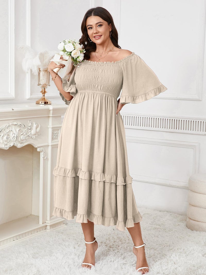 SCOMCHIC Women's Plus Size Maxi Dresses Summer Short Sleeve Square Neck Smocked Wedding Guest Cocktail Boho Long Dress Beige - Image 2