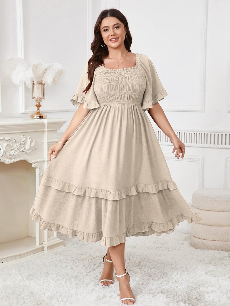 SCOMCHIC Women's Plus Size Maxi Dresses Summer Short Sleeve Square Neck Smocked Wedding Guest Cocktail Boho Long Dress Beige - Image 3