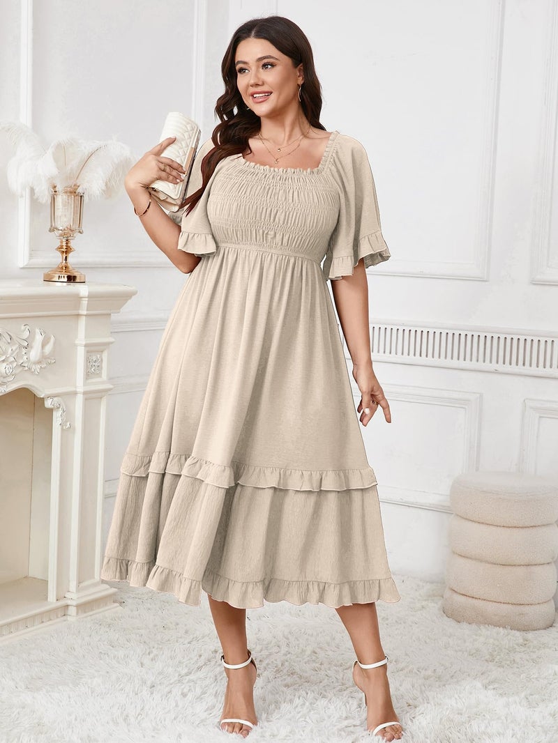 SCOMCHIC Women's Plus Size Maxi Dresses Summer Short Sleeve Square Neck Smocked Wedding Guest Cocktail Boho Long Dress Beige - Image 4