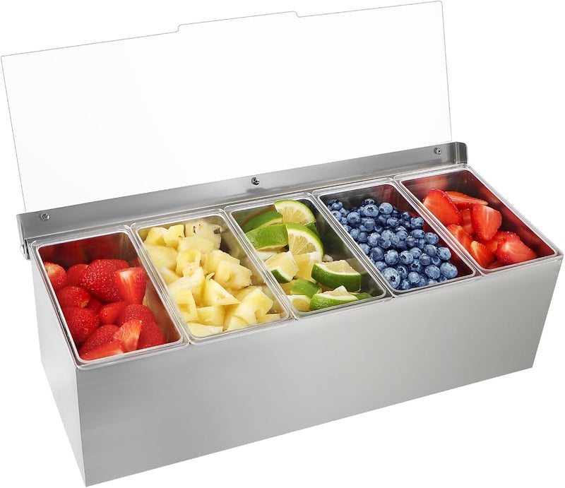 MOLIGOU Chilled Condiment Server, Stainless Steel Chilled Condiment Tray with Lid, Ice Condiment Serving Containers with 5 Removable Compartments - Image 1