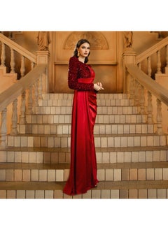 Madam Uniq Burgundy Long Sleeve Round Neck Mermaid Sequin Evening Dress  - Image 5
