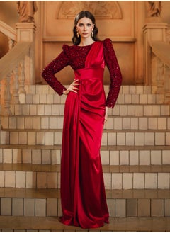 Madam Uniq Burgundy Long Sleeve Round Neck Mermaid Sequin Evening Dress  - Image 1