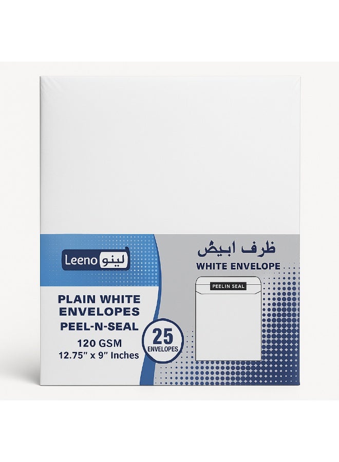 لينو مظاريف ليينو بيضاء 12.75 × 9 إنش | متوافق مع A4 | إغلاق ذاتي Peel & Seal | ورق 120 جم | عبوة 25 ظرف للمكتب والمستندات - Image 1