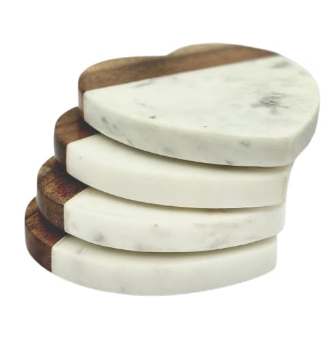 QUASTOCRA Marble Coasters for Drinks Set of 4 Handcrafted Modern Coasters 4 Wide Drink Coasters White Marble Coasters Real Solid Marble Heart Shape Coasters Wood - Image 4