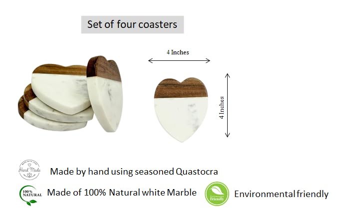 QUASTOCRA Marble Coasters for Drinks Set of 4 Handcrafted Modern Coasters 4 Wide Drink Coasters White Marble Coasters Real Solid Marble Heart Shape Coasters Wood - Image 2