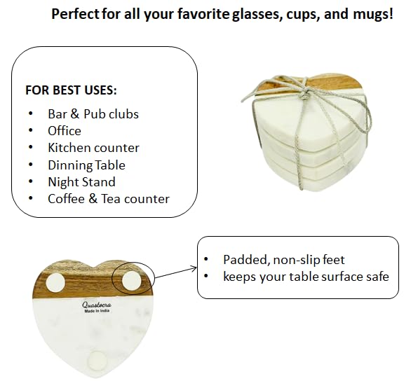 QUASTOCRA Marble Coasters for Drinks Set of 4 Handcrafted Modern Coasters 4 Wide Drink Coasters White Marble Coasters Real Solid Marble Heart Shape Coasters Wood - Image 3