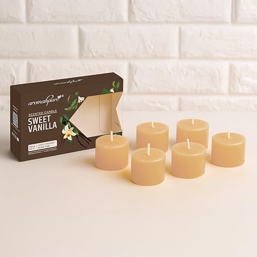 Aromahpure Vanilla Scented Set of 6 Votive Candles | 3 x 3.5 cm | Aroma Candles with Long-Lasting Fragrance | Burn Time 7 Hours Each | Relaxing Aromatherapy Candles for Home Décor & Gifting - Image 1