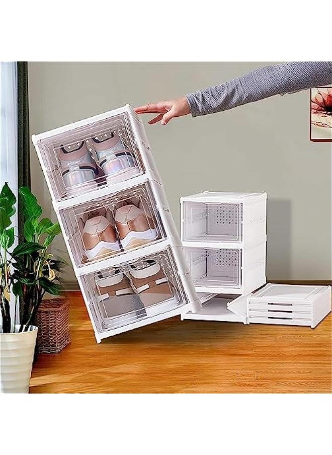 HOOKOR - Foldable Shoe Rack Collapsible Storage Box, Free Standing Bins Stackable Plastic Tote with Lids Organizing Installation Free Dustproof 3 Layers, White (92-02) - Image 1