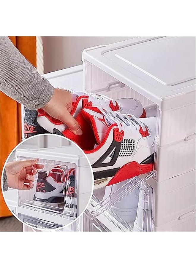 HOOKOR - Foldable Shoe Rack Collapsible Storage Box, Free Standing Bins Stackable Plastic Tote with Lids Organizing Installation Free Dustproof 3 Layers, White (92-02) - Image 1