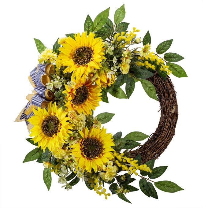 WANNACUL 18 INCH SPRING WREATHS FOR FRONT DOOR WITH YELLOW SUNFLOWERSSUMMER DOOR WREATH WITH DAISY AND LINEN RIBBONVALENTINES DAY WREATHMOTHERS DAY WREATH FOR WALL OR HOME DECORATION