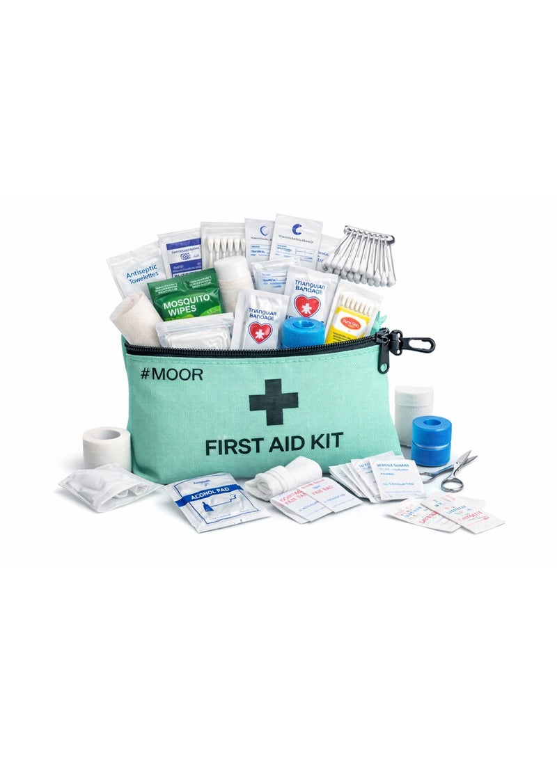 Moor First Aid Kit – Portable Emergency Medical Kit with Essential Bandages, Gloves & Cleansing Wipes – Compact Survival Kit for Home, Car, Travel & Outdoor Use - Image 1