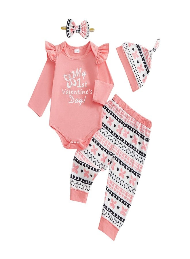 Douhoow Baby Girl Valentines Day Outfits Infant Letter Print Baby Girl Romper Bodysuit Pants With Headband and Hat (Pink, 3-6 Months) - Image 1