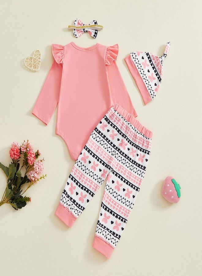 Douhoow Baby Girl Valentines Day Outfits Infant Letter Print Baby Girl Romper Bodysuit Pants With Headband and Hat (Pink, 3-6 Months) - Image 3