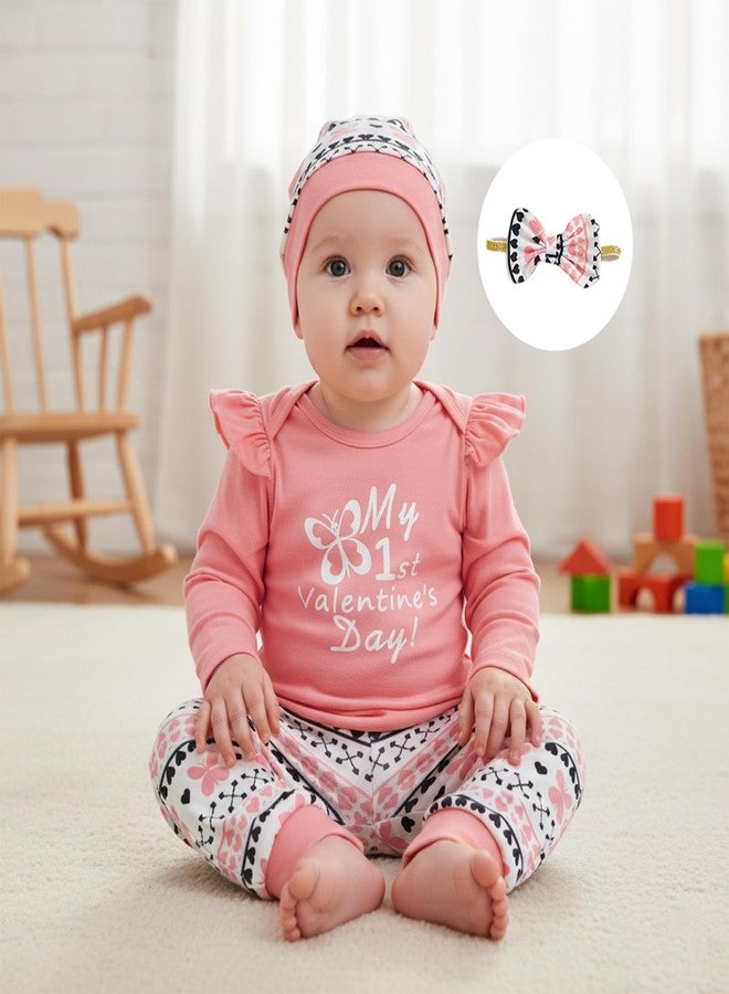 Douhoow Baby Girl Valentines Day Outfits Infant Letter Print Baby Girl Romper Bodysuit Pants With Headband and Hat (Pink, 3-6 Months) - Image 5