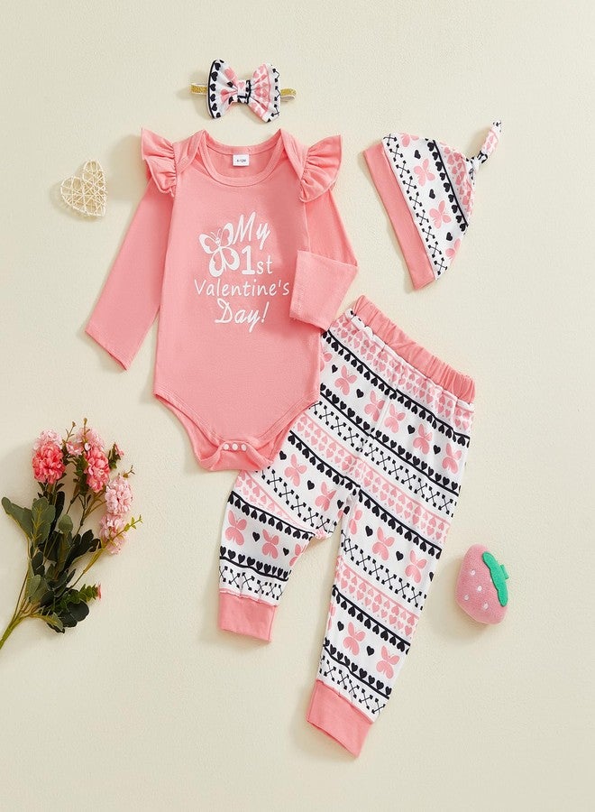 Douhoow Baby Girl Valentines Day Outfits Infant Letter Print Baby Girl Romper Bodysuit Pants With Headband and Hat (Pink, 3-6 Months) - Image 2