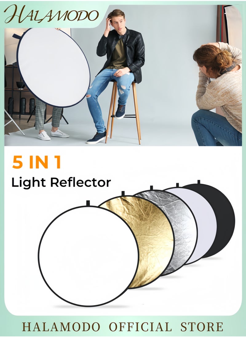 HALAMODO - 5-in-1 Collapsible Photography Reflector Disc Portable Light Reflector Set with Gold Silver White Black & Translucent Panels for Studio & Outdoor Lighting - Image 1