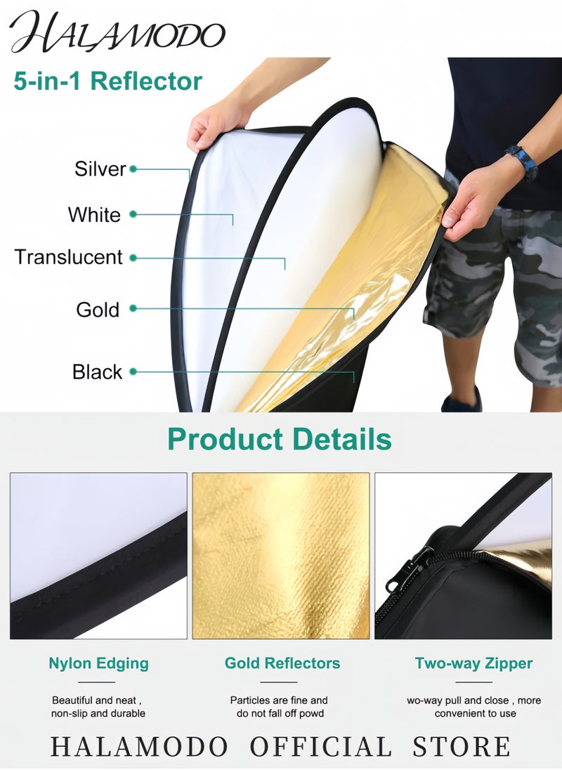 HALAMODO - 5-in-1 Collapsible Photography Reflector Disc Portable Light Reflector Set with Gold Silver White Black & Translucent Panels for Studio & Outdoor Lighting - Image 1