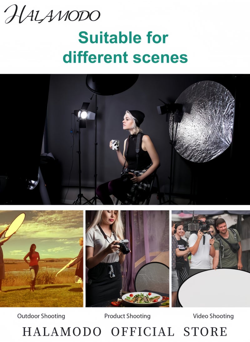 HALAMODO - 5-in-1 Collapsible Photography Reflector Disc Portable Light Reflector Set with Gold Silver White Black & Translucent Panels for Studio & Outdoor Lighting - Image 1