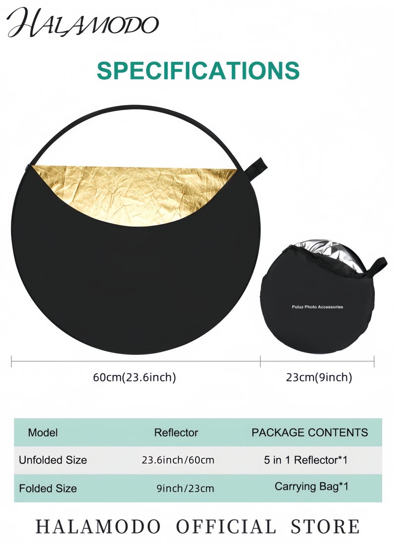 HALAMODO - 5-in-1 Collapsible Photography Reflector Disc Portable Light Reflector Set with Gold Silver White Black & Translucent Panels for Studio & Outdoor Lighting - Image 1