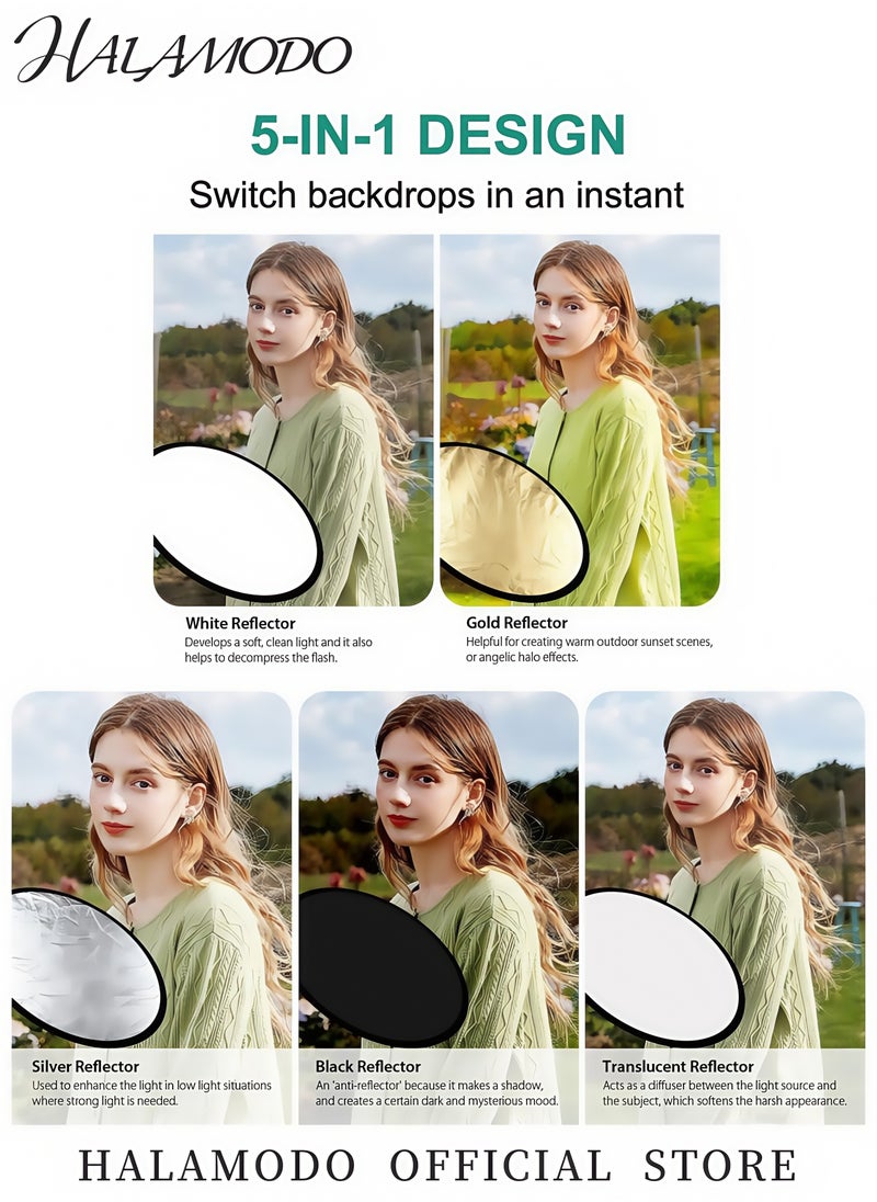HALAMODO - 5-in-1 Collapsible Photography Reflector Disc Portable Light Reflector Set with Gold Silver White Black & Translucent Panels for Studio & Outdoor Lighting - Image 1
