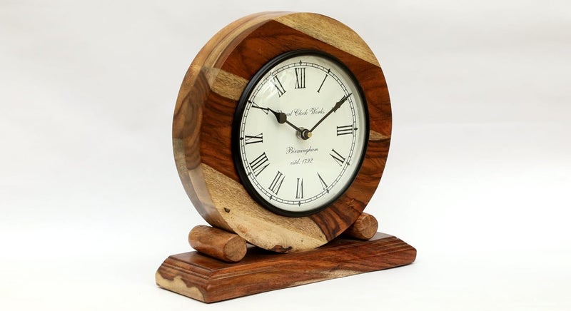 vedas Ezra Heritage Wooden Polished Table Clock with Dial Silent NonTicking Small Clock 10 x 10 cm Battery Operated for Bedroom Bedside Desk - Image 4