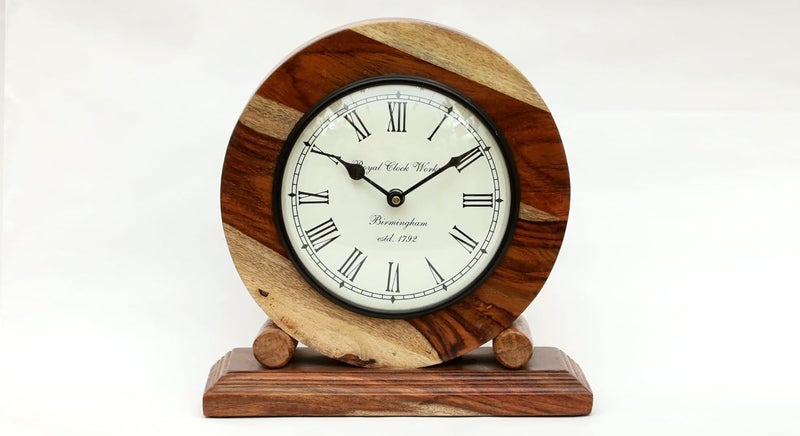 vedas Ezra Heritage Wooden Polished Table Clock with Dial Silent NonTicking Small Clock 10 x 10 cm Battery Operated for Bedroom Bedside Desk - Image 2