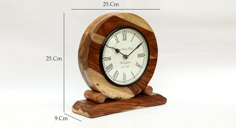 vedas Ezra Heritage Wooden Polished Table Clock with Dial Silent NonTicking Small Clock 10 x 10 cm Battery Operated for Bedroom Bedside Desk - Image 3