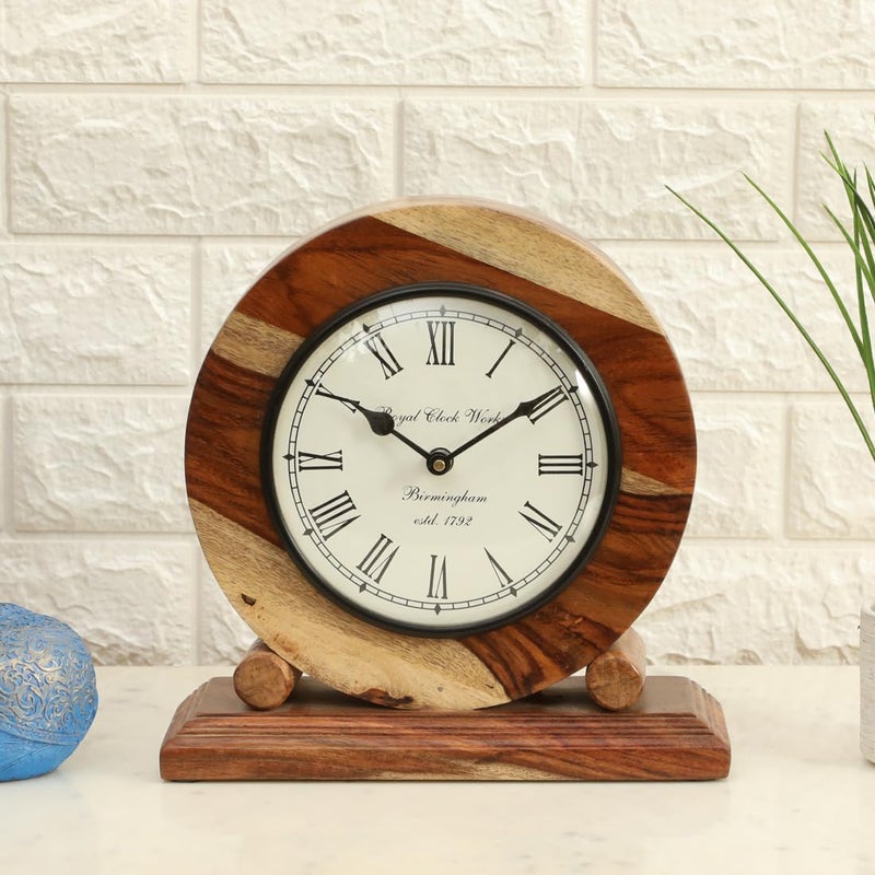 vedas Ezra Heritage Wooden Polished Table Clock with Dial Silent NonTicking Small Clock 10 x 10 cm Battery Operated for Bedroom Bedside Desk - Image 1
