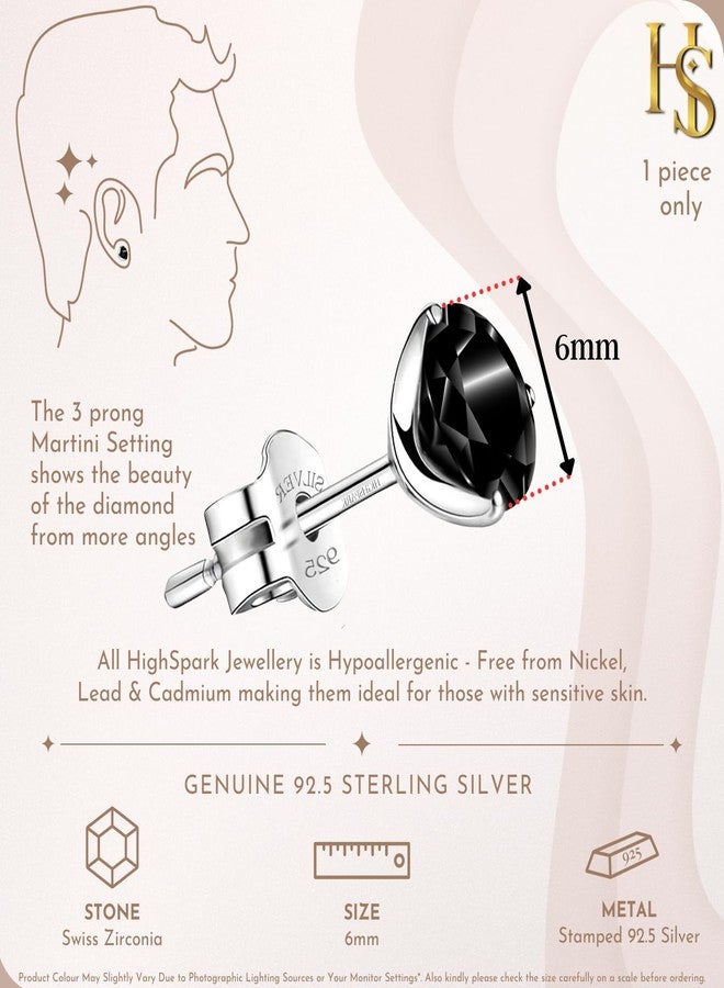 HIGHSPARK 925 Silver Men's "Sparkling Martini" Black Solitaire Stud Earring | 92.5 Sterling Silver & Stunning Shine Sparkling Zirconia | Single Stud for Men | Black 6mm - Image 2