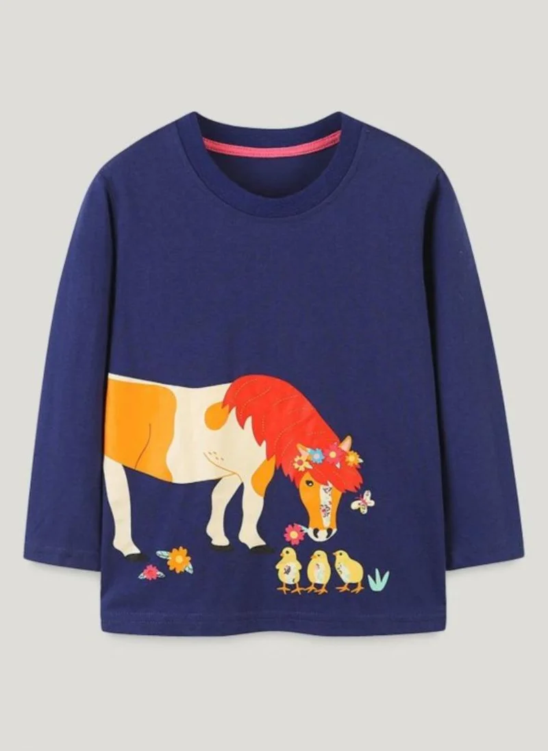 YUNIQEE Navy Blue Printed Solid Round Neck Cotton T-shirt