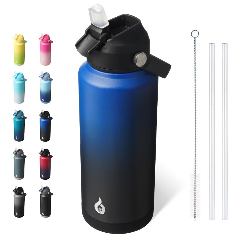BJPKPK Water Bottle with Straw Lid 32oz Vacuum Insulated Water Bottles Metal Stainless Steel Thermo for Sports Travel BPA Free Leak Proof Thermo Cups Flasks TumblersBlack Blue - Image 2