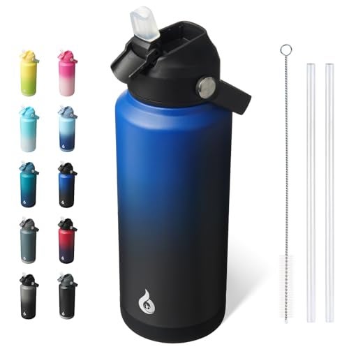 BJPKPK Water Bottle with Straw Lid 32oz Vacuum Insulated Water Bottles Metal Stainless Steel Thermo for Sports Travel BPA Free Leak Proof Thermo Cups Flasks TumblersBlack Blue - Image 1