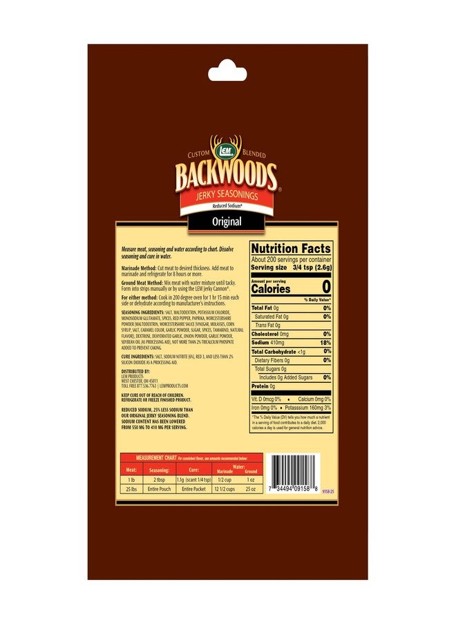 LEM Products Backwoods Reduced Sodium Original Jerky Seasoning, Ideal for Wild Game and Domestic Meat, Seasons Up to 25 Pounds of Meat, 18.3 Ounce Packet with Pre-Measured Cure Packet Included - Image 2