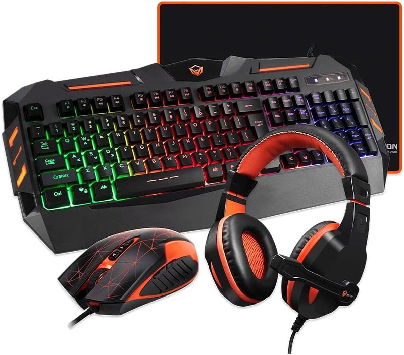 4-in1 Colorful Backlit English/Arabic Wired Keyboard, Wired Mouse, Headphone & Mouse Pad PC Gaming Kit, C500
