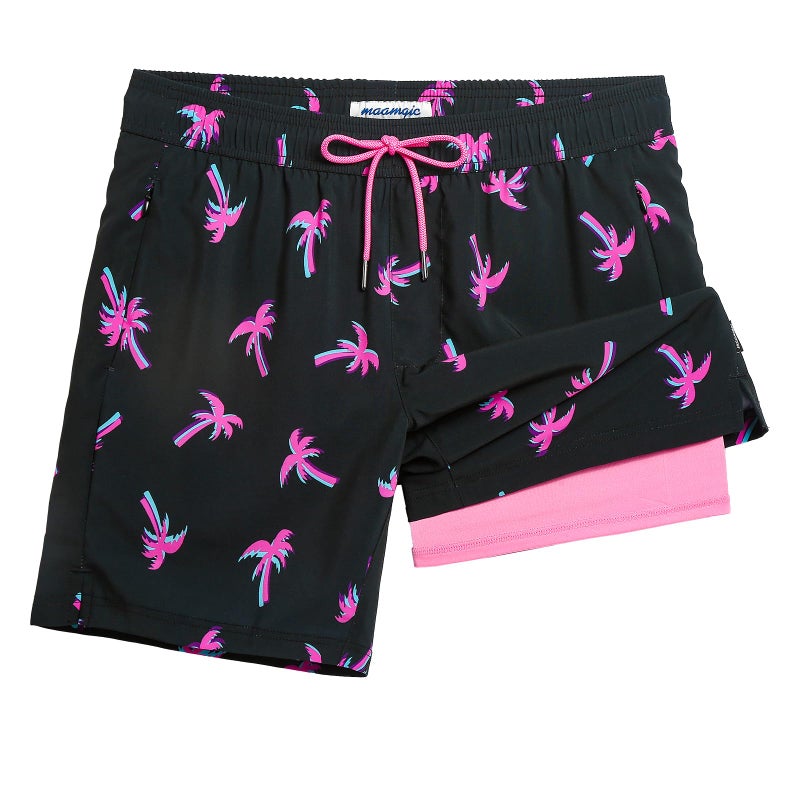 maamgic 2 in 1 Mens Swim Trunks 7 Inch Swim Shorts Swim Suits Board Shorts Coconut Tree-Black Large - Image 1