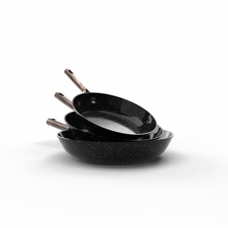 Non Stick Frying Pan Set 3 Pieces Black 20 24 28cm Italian Granite Coating Aluminum Fry Pans with Heat Insulated Handle Healthy Cookware - Image 3